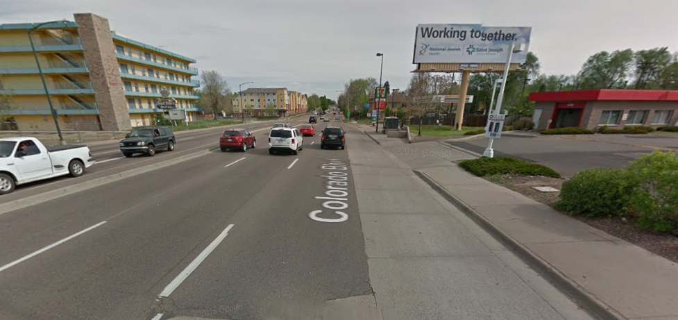 The driveway and section of Colorado Boulevard where the bike rider was killed. Image: Google Maps