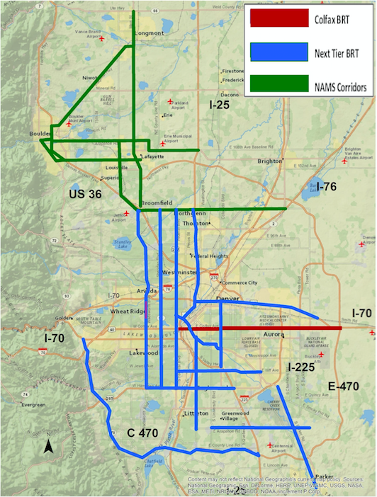  What a future BRT network might look like in and around Denver. Image: SWEEP