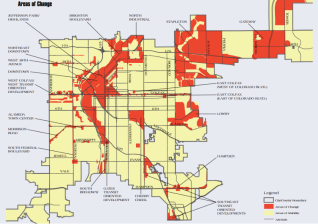 The red represents "areas of change," where planners expected most new development. Image: City and County of Denver