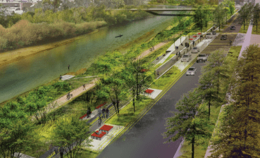 This rendering of a possible “RiNo Promenade” along Arkins Court would be a slimmer and safer street than the current truck-first road. Pedestrians would have a path alongside it. Image: Wenk Associates for Denver Parks