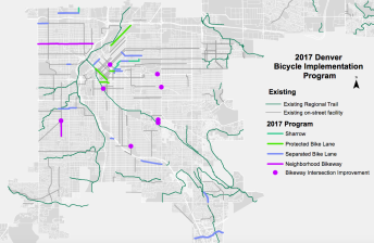 That bright green line up top represents the raised bike lane coming to Brighton Boulevard. Imagine if it continued south, through the heart of the city and all the way to I-25 and Broadway. Image: DPW