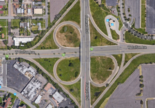 The cloverleaf interchange at Colfax and Federal. Image: Google Maps