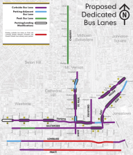 Baltimore is adding a new slate of bus lanes (green, purple and blue) to existing  bus lanes (red), which will be upgraded with red paint. Map: Maryland MTA