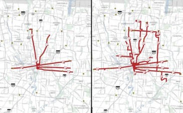 A before-and-after look at bus routes in Columbus with service at least every 15 minutes. Maps: COTA