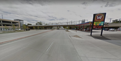 The Lakewood-Wadsworth RTD station is surrounded by a monolithic parking structure, a gas station, and general low density. Image: Google Maps