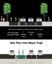 The original plan for the Potomac Street protected bike lane (above) is gone after Baltimore's mayor decided to give in to NIMBYs.