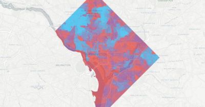 Bike Network Analysis score by Census block in Washington, DC. Bluer areas are better-connected.