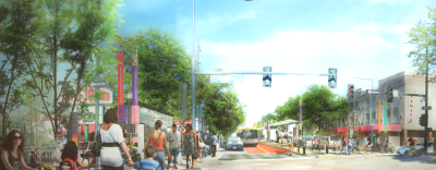 A rendering of Colfax at Downing with center-running bus lanes. Image: DPW