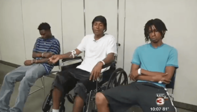 After a truck driver struck and injured Deonte Williams, Cody Mayes, and Tevin Wilson, police charged them for not wearing reflecting clothing at night. The driver was not charged. Photo:  KATC