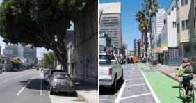 PlacesForBikes is a PeopleForBikes program to help U.S. communities build better biking, faster. You can follow them on LinkedIn, Twitter or Facebook or sign up for their weekly news digest about building all-ages biking networks.
If you'd like to cut the project time of a new protected bike lane by 90 percent and the cost by 75 percent, Mike Sallaberry has some advice.

A senior transportation engineer for the San Francisco Municipal Transportation Agency, Sallaberry has a short piece in the new issue of ITE Journal sharing useful details on three projects in 2016 and 2017 that used the "quick-build" method. Instead of spending two years getting every detail right and then pouring permanent curbs, SFMTA built first -- using paint, plastic and removable concrete islands -- and asked questions both before and after.

The result, as Sallaberry explains, is a potentially more inclusive public process and a project that's far more efficient.

"Common practice in San Francisco has been to identify the ideal result then wait for design, funding, contracting and construction to deliver the design," says Sallaberry. "While this makes sense for many situations, a new approach was used recently where intermediate designs were implemented in the near term to act as 'stepping stones' to a longer term design."

Maybe most important, the inherent flexibility of the quick-build approach makes it institutionally easier for a public agency to innovate. Without so much "fear of installing something that does not work," Sallaberry explains, city staff feel free "to try new ideas to solve challenging issues."

The agile process recalls modern software engineering, so it's fitting that San Francisco is among the first cities embracing it. Here are five lessons we saw in Sallaberry's piece for other cities interested in becoming fast followers.
1) Get the whole team to sign a prenup.
[caption id="attachment_21304" align="alignnone" width="604"] Members of SF's quick-build project team. Photo: Jeremy Menzies, SFMTA[/caption]

Not a literal premarital agreement, of course, but the day-job equivalent of one. Sallaberry refers to the document his team used as "a project charter with roles and responsibilities, along with other key project details, clearly spelled out and signed off on by all pertinent staff."

The point of the "project charter," in Sallaberry's description, isn't so much to tie people's hands as to make it easier for people to improvise effectively during a fast-moving process.

"Just as one would not put five players on a basketball court without assigning positions, identifying their responsibilities, or having any plays in mind and expect much success, all players on the project team should know their roles and responsibilities from the start so that no tasks fall through the cracks or are replicated by more than one person," he writes.
2) If possible, make sure your city has policies that will help resolve difficult tradeoffs.
[caption id="attachment_21301" align="alignnone" width="604"] Division and 13th. Photo: Jeremy Menzies, SFMTA[/caption]

Sometimes you simply have to choose: should a project prioritize walking safety or automotive speed? Project timeline or stakeholder consensus? Sallaberry attributes some of his team's success to a city that had preemptively agreed on some of its key values.

He mentions San Francisco's "long-standing 'Transit First' policy that prioritizes transit, pedestrian and bicycle elements over the accommodation of single occupant vehicles"; "a Vision Zero policy signed off on by key city agencies to work toward a goal of zero traffic fatalities by 2024"; and "an executive directive by the mayor spelling out near term deliverables and timelines for agencies like the SFMTA to complete street safety improvements."
3) The question to ask stakeholders isn't "Should we do this or not?" -- it's "How should we do this?"
[caption id="attachment_21302" align="alignnone" width="604"] Photo: Mike Sallaberry, SFMTA[/caption]

Like a parent asking if a child prefers peas or broccoli, it's sometimes best for a city to pose its outreach questions in a way that prods them to think beyond the status quo.

Sallaberry: "The narrative for the public outreach was (basically) 'These projects will be delivered, here are details about the projects and their schedule, here are aspects of the project that are undetermined where we could use your feedback, and here is how we will evaluate and adjust the projects as needed.'"
4) Keep preliminary public input quick.
This isn't because you want to short-change public input. It's because you want to respect the vast majority of the public who don't have time or interest in every detail.

"To have an open-ended outreach process that can stretch to a year or more and potentially involve a large number of public meetings and hearings without a clear roadmap is confusing and frustrating to the public and can easily waste their time," Sallaberry writes. "To expect the average person to attend multiple meetings, each lasting two or more hours, is disrespectful of their time and can easily alienate people who are interested in the project outcome but have busy schedules. A short but pithy outreach period is more efficient for everyone involved."
5) Don't underestimate your colleagues in the field.
[caption id="attachment_21303" align="alignnone" width="604"] Pouring a bus boarding island. Photo: Alan Uy, SFMTA[/caption]

In skipping its usual external bid process to save time and money, San Francisco was asking its in-house maintenance staff to do tasks they weren't familiar with. Sallaberry says some office workers thought the new process would meet resistance from the garage and street crew.

Just the opposite.

"Initially some office staff assumed that new or unusual designs were a burden to our field crews, but talking with various city crews responsible for installing and constructing projects, we have found that they enjoy new projects and see them as challenges that keep their work interesting," Sallaberry writes. "The same can be said for planning and engineering staff. Even the public outreach aspect of the work becomes more interesting and engaging to all involved."

I've said it before and I'll say it again: U.S. cities are entering a new golden age of civil engineering. Now that the work to be done has advanced from the vast to the precise, creativity reigns. If you'd like to learn more about the exciting new style of project delivery Sallaberry describes, we interviewed some of its pioneers around the country to write a whole report about it.
PlacesForBikes is a PeopleForBikes program to help U.S. communities build better biking, faster. You can follow them on LinkedIn, Twitter or Facebook or sign up for their weekly news digest about building all-ages biking networks.