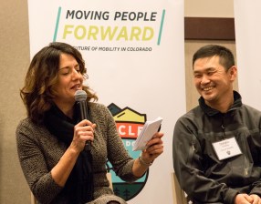 Chamber President and CEO Kelly Brough, left, and Dongho Chang, Seattle's head traffic engineer. Photo: Jack Todd/Bicycle Colorado
