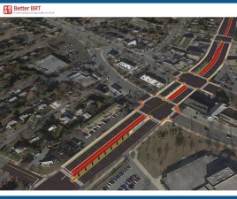 Center-running bus lanes on Route 29 as proposed in the "Better BRT" concept. Image: Sean Emerson and Sebastian Smoot via GGW