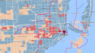 The red areas mark parts of Miami where transit demand is high but service is underwhelming. Map: Center for Neighborhood Technology