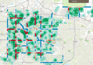 The darker the green, the greater the concern for kids' street safety. The darker the red, the more dangerous the street segment. Image: City and County of Denver.