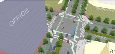 A rendering of what a human-scaled intersection might look like at Colfax and Federal. Image: OTAK