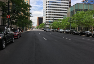 17th Street downtown was just repaved -- and it's still solely for moving cars. Photo: Jonathan Fertig