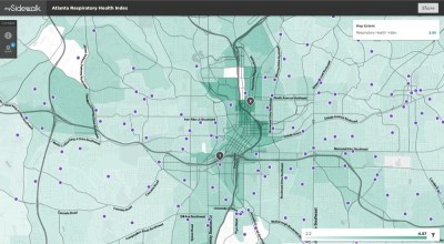 Air pollution concentrations in Atlanta show a clear increase by highways. The purple dots are the locations of schools. Map:  Mysidewalk via Strongtowns