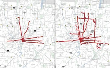 Frequent service maps (15 minute headways or greater) for Columbus' COTA before (left) and after (right) the system redesign. Maps:  Columbus Underground<a/.