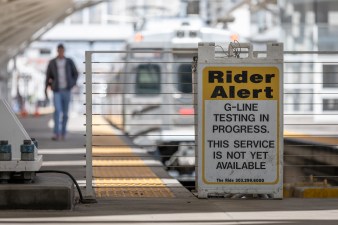 At Denver Union Station, a sign indicates that test trains for the G-Line operate from platform seven. Photo: Andy Bosselman