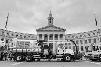 A Department of Public Works wastewater vehicle parked in front of City Hall during a press conference this morning. Photo: Andy Bosselman