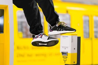 In Berlin, Adidas created limited-edition sneakers that come with a one-year transit pass embedded in the tongue of one of the shoes. (Jumping up to the validator is not required.) The city’s fare payment system allows people with wearable devices to walk onto to trains and buses without tapping at all. Photo courtesy of Adidas