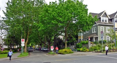 At this neighborhood bikeway (once known as a bicycle boulevard) in Vancouver, bicycles can enter via the cutout, but cars can only exit. Photo: Payton Chung via Flickr