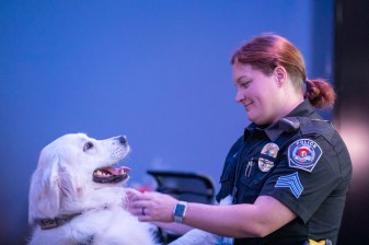 Amy Homyak, an RTD Transit Police sergeant and the agency’s K-9 handler, is responsible for Thor, a bomb-sniffing dog. Photo: Andy Bosselman