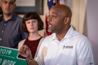 Denver Mayor Michael Hancock announces street safety improvements. Photo: Andy Bosselman