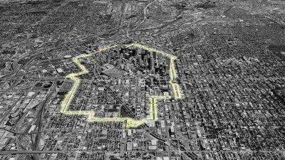 An aerial view of downtown highlights the location of the proposed 5280 Trail. Image: Downtown Denver Partnership