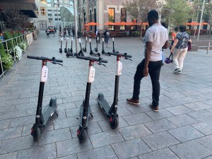 Bird contractors placed 13 scooters in the middle of a pedestrian thoroughfare at Union Station on Aug. 15. Photo: Andy Bosselman