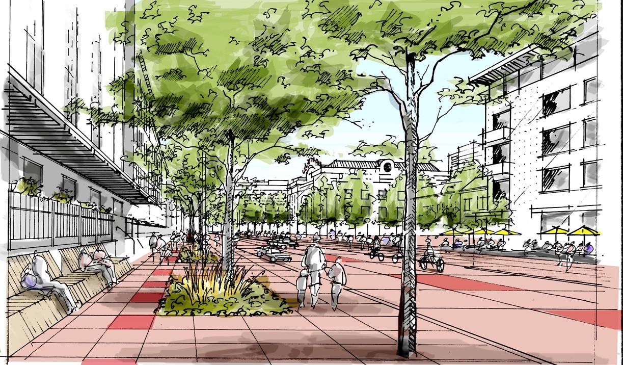 An illustration depicts the plaza in front of Union Station extending across the entire street, an option being considered under the 5280 Trail Project. Image: Downtown Denver Partnership