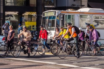 Bicyclists at an intersection on San Francisco's Market Street on Sept. 3, 2014. The city just banned cars from the iconic street. Photo: Sergio Ruiz