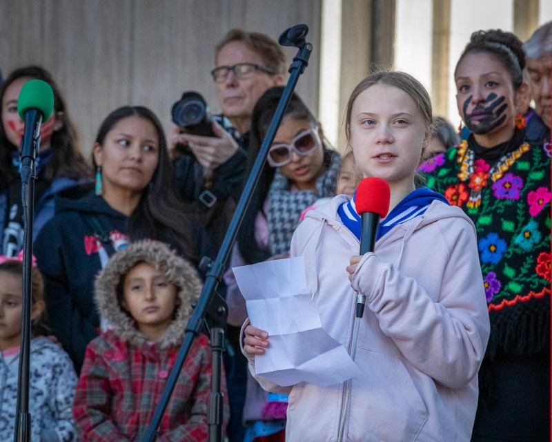 Greta Thunberg addresses climate strikers at Civic Center Park in Denver. Photo: Andy Bosselman, Streetsblog Denver