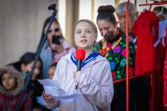 Greta Thunberg addresses climate strikers at Civic Center Park in Denver. Photo: Andy Bosselman, Streetsblog Denver
