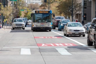 The city dedicated the right two lanes of 15th St. to buses and right turns in October. Bus-only lanes are coming to 17th St. this month. Photo: Andy Bosselman