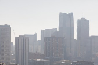 Pollution engulfs Downtown Denver this morning. Photo: Andy Bosselman