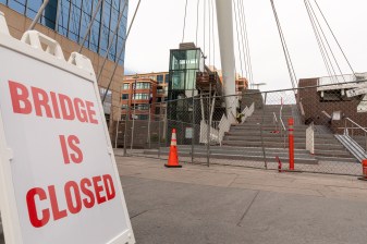 The Millennium Bridge pedestrian thoroughfare closed for maintenance yesterday. Photo: Andy Bosselman