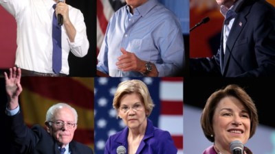 Photos of presidential candidates Pete Buttigieg, Joe Biden, Michael Bloomberg, Amy Klobuchar, Elizabeth Warren, and Bernie Sanders