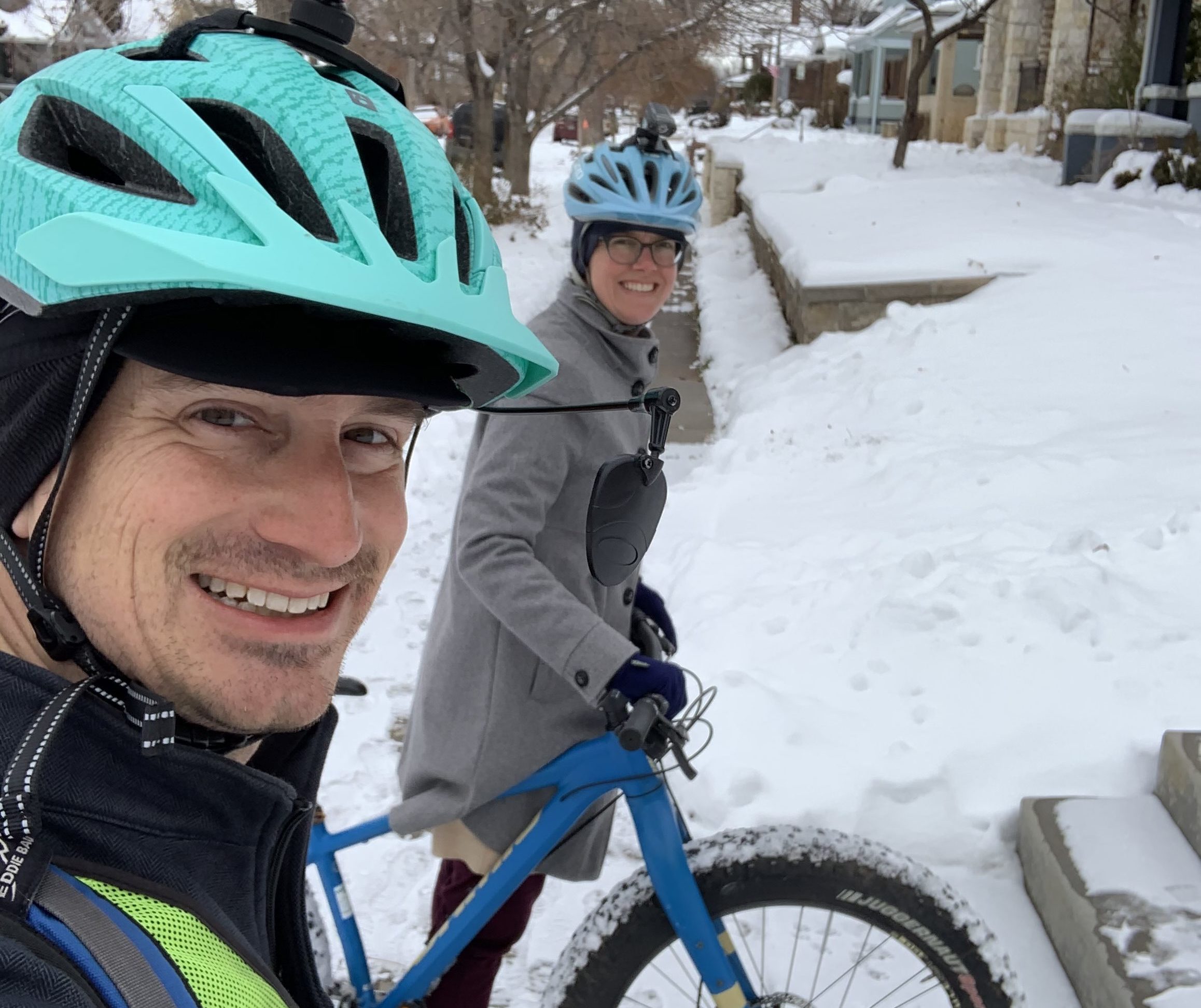 Photo of Kevin Williams and Tenly Williams on a winter date night by bike (credit Kevin Williams)
