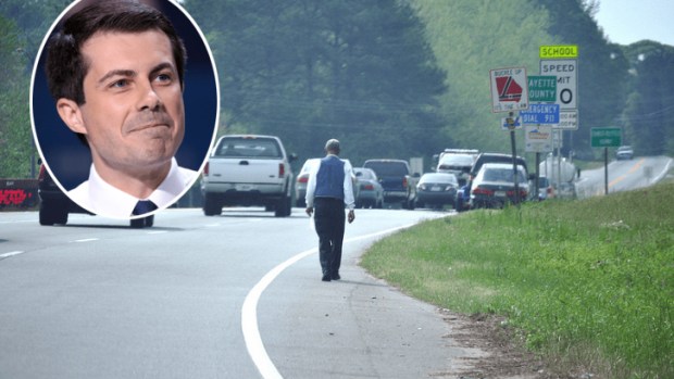 Photo of Pete Buttigieg inset with photo of pedestrian walking on street shoulder with no sidwwalk
