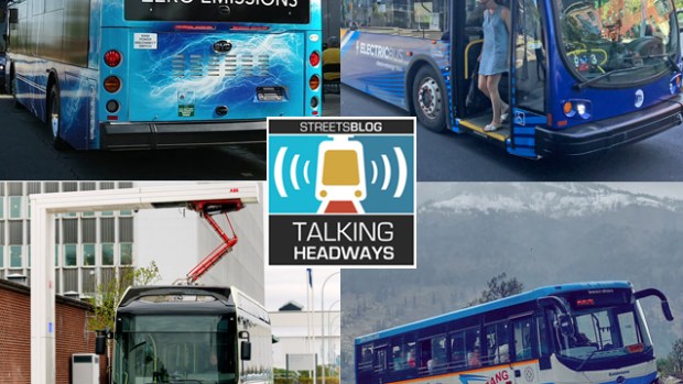 Talking Headways logo with four photos of electric buses