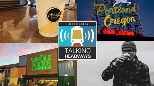 Photos of McCafe coffee, Whole Foods store, man drinking, and a Portland, Oregon sign