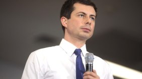 Pete Buttigieg holding a microphone