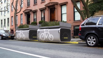 Two bike parking pods on a NYC street