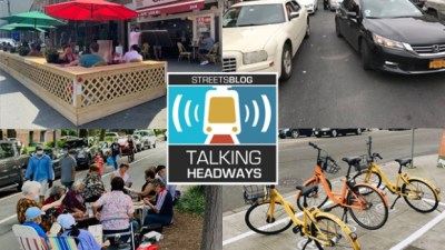 Talking Headways podcast logo and photos of people sitting outdoors, parked cars, and parked bikes