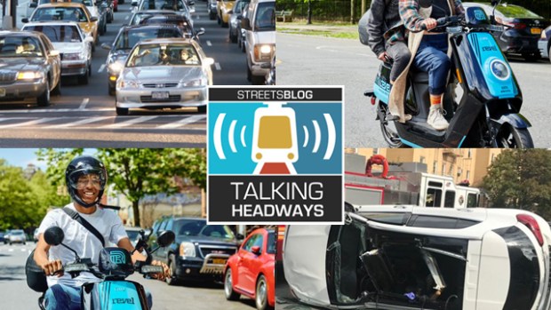 Talking Headways logo with photos of people on mopeds, an overturned smashed car, and a street filled with car traffic