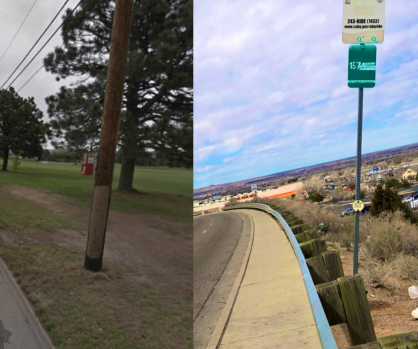 Denver bus stop with no sidewalk, bench, or shelter and Albuquerque bus stop on cliff