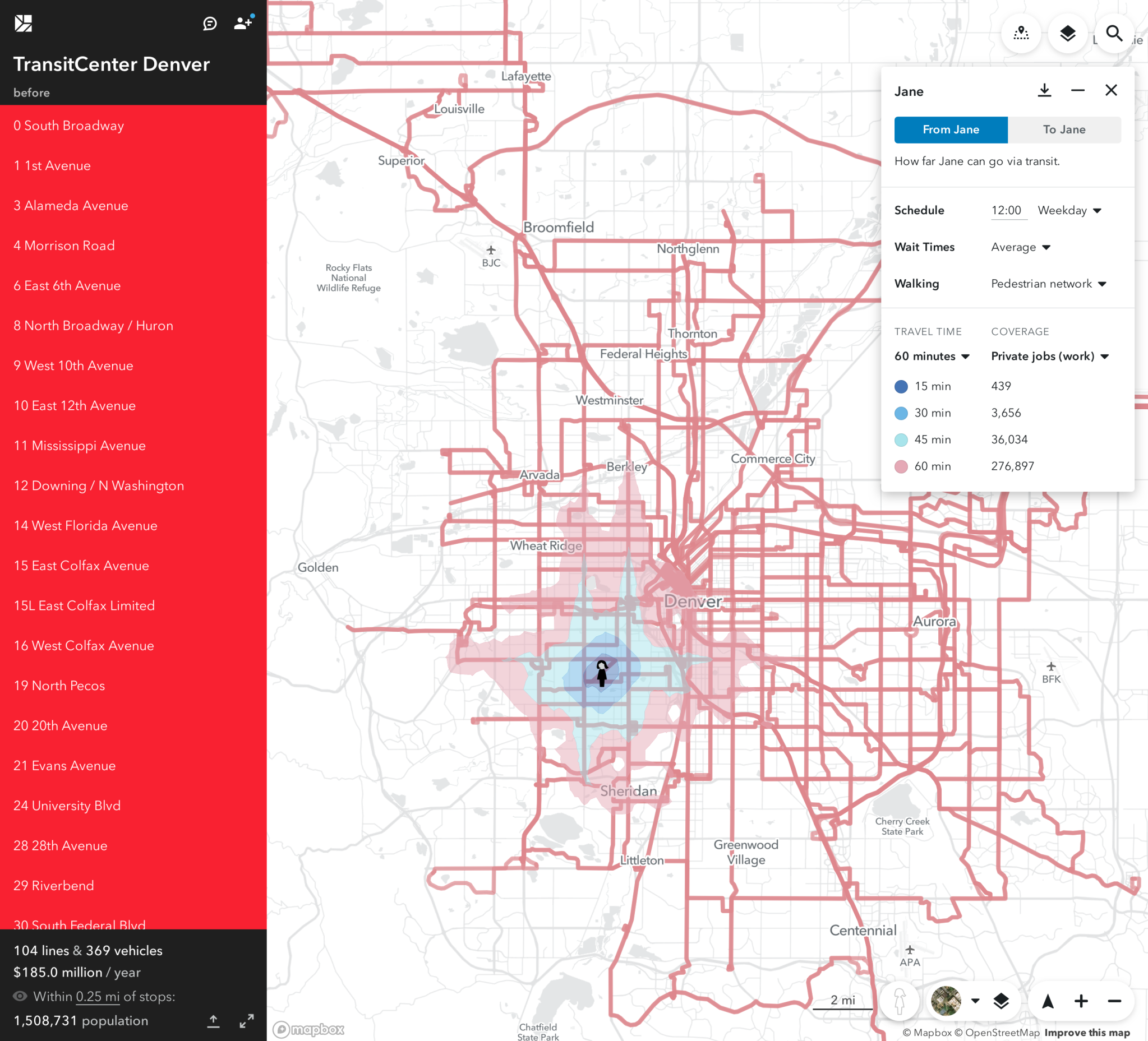 Map of Westwood with current RTD service accessing 3,656 jobs in 30 minutes