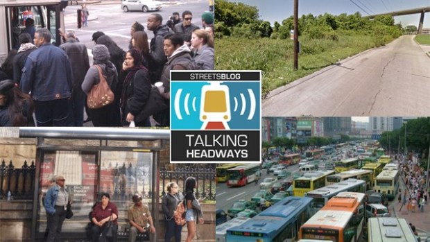 Talking Headways logo with photos of people boarding bus, people at bus stop, buses on road, bus stop with no sidewalk or bench