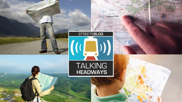 Talking Headways logo and four photos of people looking at maps